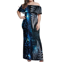 New Zealand Matariki Off Shoulder Maxi Dress The Tribal Maori Face and Silver Fern LT03 Women Blue - Polynesian Pride