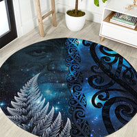 New Zealand Matariki Round Carpet The Tribal Maori Face and Silver Fern LT03 Blue - Polynesian Pride