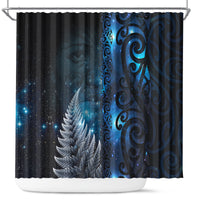 New Zealand Matariki Shower Curtain The Tribal Maori Face and Silver Fern LT03 Blue - Polynesian Pride