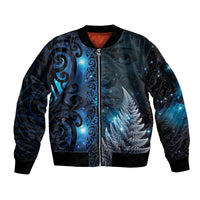 New Zealand Matariki Sleeve Zip Bomber Jacket The Tribal Maori Face and Silver Fern LT03 Unisex Blue - Polynesian Pride
