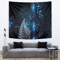 New Zealand Matariki Tapestry The Tribal Maori Face and Silver Fern LT03 Blue - Polynesian Pride
