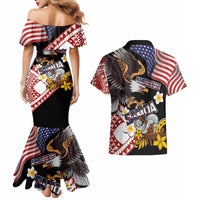 United States and American Samoa Together Couples Matching Mermaid Dress and Hawaiian Shirt Bald Eagle and Polynesian Traditional Culture with Plumeria LT03 - Polynesian Pride