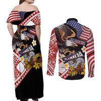 United States and American Samoa Together Couples Matching Off Shoulder Maxi Dress and Long Sleeve Button Shirt Bald Eagle and Polynesian Traditional Culture with Plumeria LT03 - Polynesian Pride