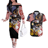 United States and American Samoa Together Couples Matching Off The Shoulder Long Sleeve Dress and Hawaiian Shirt Bald Eagle and Polynesian Traditional Culture with Plumeria LT03 Black - Polynesian Pride
