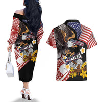 United States and American Samoa Together Couples Matching Off The Shoulder Long Sleeve Dress and Hawaiian Shirt Bald Eagle and Polynesian Traditional Culture with Plumeria LT03 - Polynesian Pride