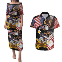 United States and American Samoa Together Couples Matching Puletasi and Hawaiian Shirt Bald Eagle and Polynesian Traditional Culture with Plumeria LT03 Black - Polynesian Pride
