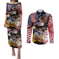 United States and American Samoa Together Couples Matching Puletasi and Long Sleeve Button Shirt Bald Eagle and Polynesian Traditional Culture with Plumeria LT03 Black - Polynesian Pride