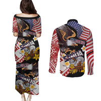 United States and American Samoa Together Couples Matching Puletasi and Long Sleeve Button Shirt Bald Eagle and Polynesian Traditional Culture with Plumeria LT03 - Polynesian Pride