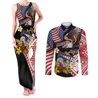United States and American Samoa Together Couples Matching Tank Maxi Dress and Long Sleeve Button Shirt Bald Eagle and Polynesian Traditional Culture with Plumeria LT03 Black - Polynesian Pride