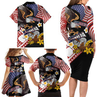United States and American Samoa Together Family Matching Long Sleeve Bodycon Dress and Hawaiian Shirt Bald Eagle and Polynesian Traditional Culture with Plumeria LT03 - Polynesian Pride