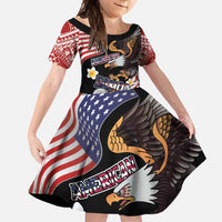 United States and American Samoa Together Family Matching Off Shoulder Maxi Dress and Hawaiian Shirt Bald Eagle and Polynesian Traditional Culture with Plumeria LT03 Daughter's Dress Black - Polynesian Pride