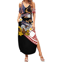 United States and American Samoa Together Family Matching Summer Maxi Dress and Hawaiian Shirt Bald Eagle and Polynesian Traditional Culture with Plumeria LT03 Mom's Dress Black - Polynesian Pride
