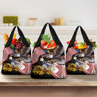 United States and American Samoa Together Grocery Bag Bald Eagle and Polynesian Traditional Culture with Plumeria LT03 3-pack One Size Black - Polynesian Pride