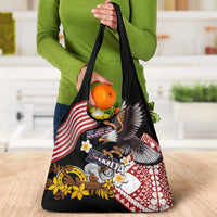 United States and American Samoa Together Grocery Bag Bald Eagle and Polynesian Traditional Culture with Plumeria LT03 - Polynesian Pride