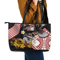 United States and American Samoa Together Leather Tote Bag Bald Eagle and Polynesian Traditional Culture with Plumeria LT03 - Polynesian Pride