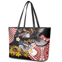 United States and American Samoa Together Leather Tote Bag Bald Eagle and Polynesian Traditional Culture with Plumeria LT03 - Polynesian Pride