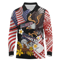 United States and American Samoa Together Long Sleeve Polo Shirt Bald Eagle and Polynesian Traditional Culture with Plumeria LT03 Black - Polynesian Pride
