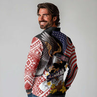 United States and American Samoa Together Long Sleeve Polo Shirt Bald Eagle and Polynesian Traditional Culture with Plumeria LT03 - Polynesian Pride