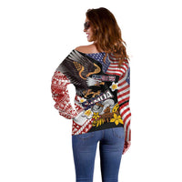 United States and American Samoa Together Off Shoulder Sweater Bald Eagle and Polynesian Traditional Culture with Plumeria LT03 - Polynesian Pride