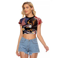 United States and American Samoa Together Raglan Cropped T Shirt Bald Eagle and Polynesian Traditional Culture with Plumeria LT03 Female Black - Polynesian Pride