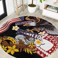 United States and American Samoa Together Round Carpet Bald Eagle and Polynesian Traditional Culture with Plumeria LT03 Black - Polynesian Pride