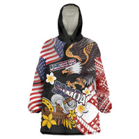 United States and American Samoa Together Wearable Blanket Hoodie Bald Eagle and Polynesian Traditional Culture with Plumeria LT03 One Size Black - Polynesian Pride