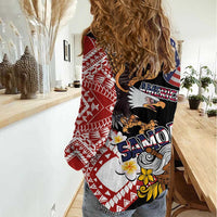 United States and American Samoa Together Women Casual Shirt Bald Eagle and Polynesian Traditional Culture with Plumeria LT03 - Polynesian Pride