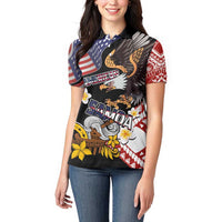 United States and American Samoa Together Women Polo Shirt Bald Eagle and Polynesian Traditional Culture with Plumeria LT03 - Polynesian Pride