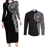 Hawaiian Traditional Tattoos Couples Matching Long Sleeve Bodycon Dress and Long Sleeve Button Shirt Kakau Tribal Tropical Plant Motif Black Color LT03 Black - Polynesian Pride