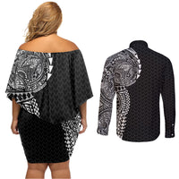 Hawaiian Traditional Tattoos Couples Matching Off Shoulder Short Dress and Long Sleeve Button Shirt Kakau Tribal Tropical Plant Motif Black Color LT03 - Polynesian Pride