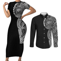 Hawaiian Traditional Tattoos Couples Matching Short Sleeve Bodycon Dress and Long Sleeve Button Shirt Kakau Tribal Tropical Plant Motif Black Color LT03 Black - Polynesian Pride