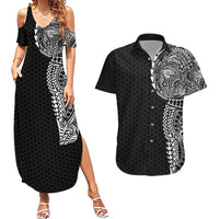 Hawaiian Traditional Tattoos Couples Matching Summer Maxi Dress and Hawaiian Shirt Kakau Tribal Tropical Plant Motif Black Color LT03 Black - Polynesian Pride