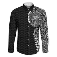 Hawaiian Traditional Tattoos Family Matching Off The Shoulder Long Sleeve Dress and Hawaiian Shirt Kakau Tribal Tropical Plant Motif Black Color LT03 Dad's Shirt - Long Sleeve Black - Polynesian Pride