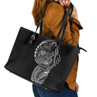 Hawaiian Traditional Tattoos Leather Tote Bag Kakau Tribal Tropical Plant Motif Black Color LT03 - Polynesian Pride