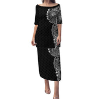 Hawaiian Traditional Tattoos Puletasi Kakau Tribal Tropical Plant Motif Black Color LT03 Long Dress Black - Polynesian Pride