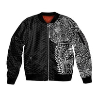 Hawaiian Traditional Tattoos Sleeve Zip Bomber Jacket Kakau Tribal Tropical Plant Motif Black Color LT03 Unisex Black - Polynesian Pride