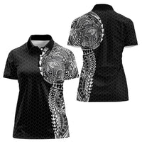 Hawaiian Traditional Tattoos Women Polo Shirt Kakau Tribal Tropical Plant Motif Black Color LT03 - Polynesian Pride