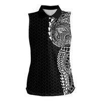 Hawaiian Traditional Tattoos Women Sleeveless Polo Shirt Kakau Tribal Tropical Plant Motif Black Color LT03 Female Black - Polynesian Pride