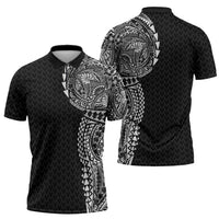 Hawaiian Traditional Tattoos Zipper Polo Shirt Kakau Tribal Tropical Plant Motif Black Color LT03 - Polynesian Pride