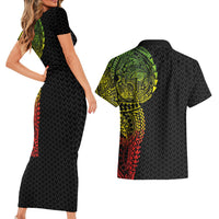 Hawaiian Traditional Tattoos Couples Matching Short Sleeve Bodycon Dress and Hawaiian Shirt Kakau Tribal Tropical Plant Motif Kanaka Maoli Flag Color Inspired LT03 - Polynesian Pride