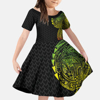Hawaiian Traditional Tattoos Family Matching Long Sleeve Bodycon Dress and Hawaiian Shirt Kakau Tribal Tropical Plant Motif Kanaka Maoli Flag Color Inspired LT03 Daughter's Dress Multicolor - Polynesian Pride