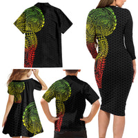 Hawaiian Traditional Tattoos Family Matching Long Sleeve Bodycon Dress and Hawaiian Shirt Kakau Tribal Tropical Plant Motif Kanaka Maoli Flag Color Inspired LT03 - Polynesian Pride