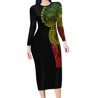 Hawaiian Traditional Tattoos Long Sleeve Bodycon Dress Kakau Tribal Tropical Plant Motif Kanaka Maoli Flag Color Inspired LT03 Long Dress Multicolor - Polynesian Pride