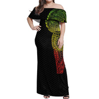 Hawaiian Traditional Tattoos Off Shoulder Maxi Dress Kakau Tribal Tropical Plant Motif Kanaka Maoli Flag Color Inspired LT03 Women Multicolor - Polynesian Pride