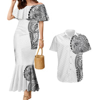 Hawaiian Traditional Tattoos Couples Matching Mermaid Dress and Hawaiian Shirt Kakau Tribal Tropical Plant Motif White Color LT03 White - Polynesian Pride