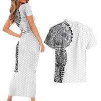 Hawaiian Traditional Tattoos Couples Matching Short Sleeve Bodycon Dress and Hawaiian Shirt Kakau Tribal Tropical Plant Motif White Color LT03 - Polynesian Pride