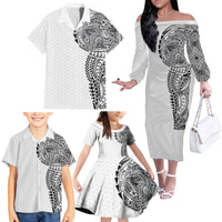 Hawaiian Traditional Tattoos Family Matching Off The Shoulder Long Sleeve Dress and Hawaiian Shirt Kakau Tribal Tropical Plant Motif White Color LT03 - Polynesian Pride
