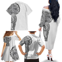 Hawaiian Traditional Tattoos Family Matching Off The Shoulder Long Sleeve Dress and Hawaiian Shirt Kakau Tribal Tropical Plant Motif White Color LT03 - Polynesian Pride