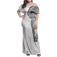 Hawaiian Traditional Tattoos Family Matching Off Shoulder Maxi Dress and Hawaiian Shirt Kakau Tribal Tropical Plant Motif White Color LT03 Mom's Dress White - Polynesian Pride