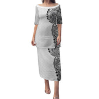 Hawaiian Traditional Tattoos Family Matching Puletasi and Hawaiian Shirt Kakau Tribal Tropical Plant Motif White Color LT03 Mom's Dress White - Polynesian Pride